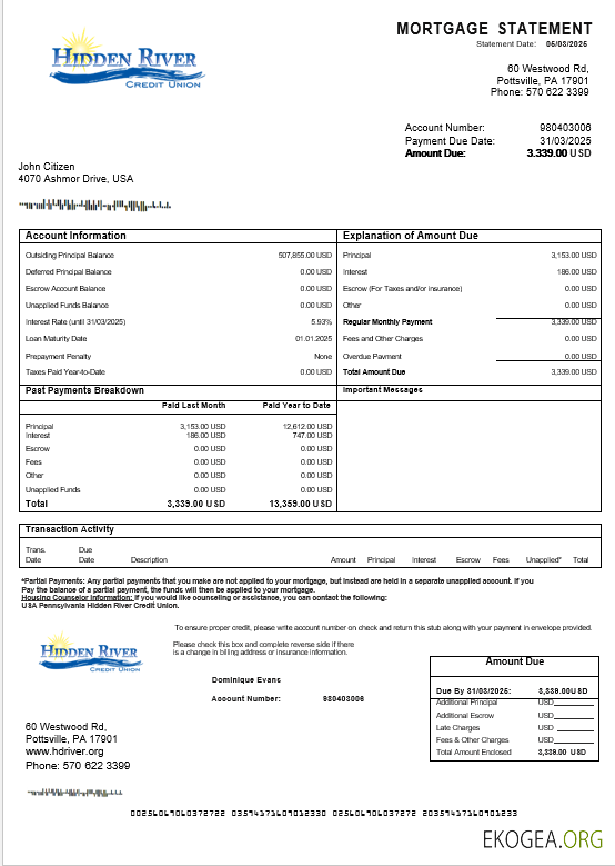 États , Unis Pennsylvanie Hidden River Credit Union relevé hypothécaire aux formats Word et PDF